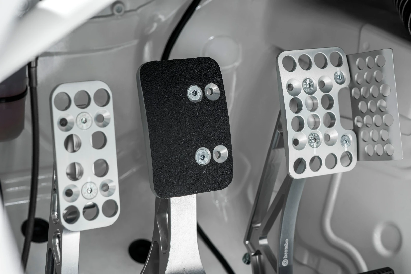 Interior components, such as this race-ready pedal box, are designed with competition in mind