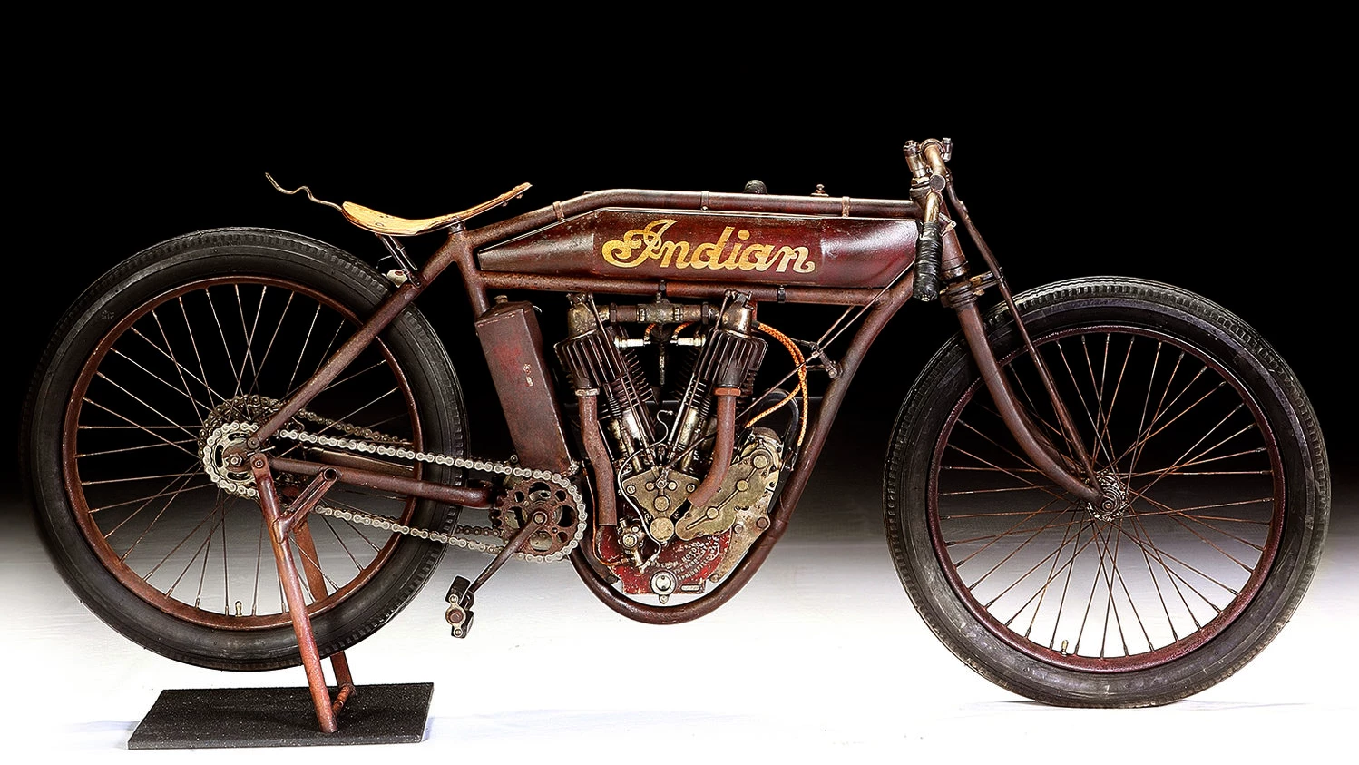 This largely original Indian board track racer from more than a century ago, still with the original paint, sold for $88,000.