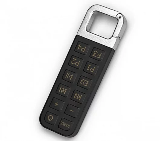 The Altec Lansing MIX boombox's remote control with clip-on carabiner