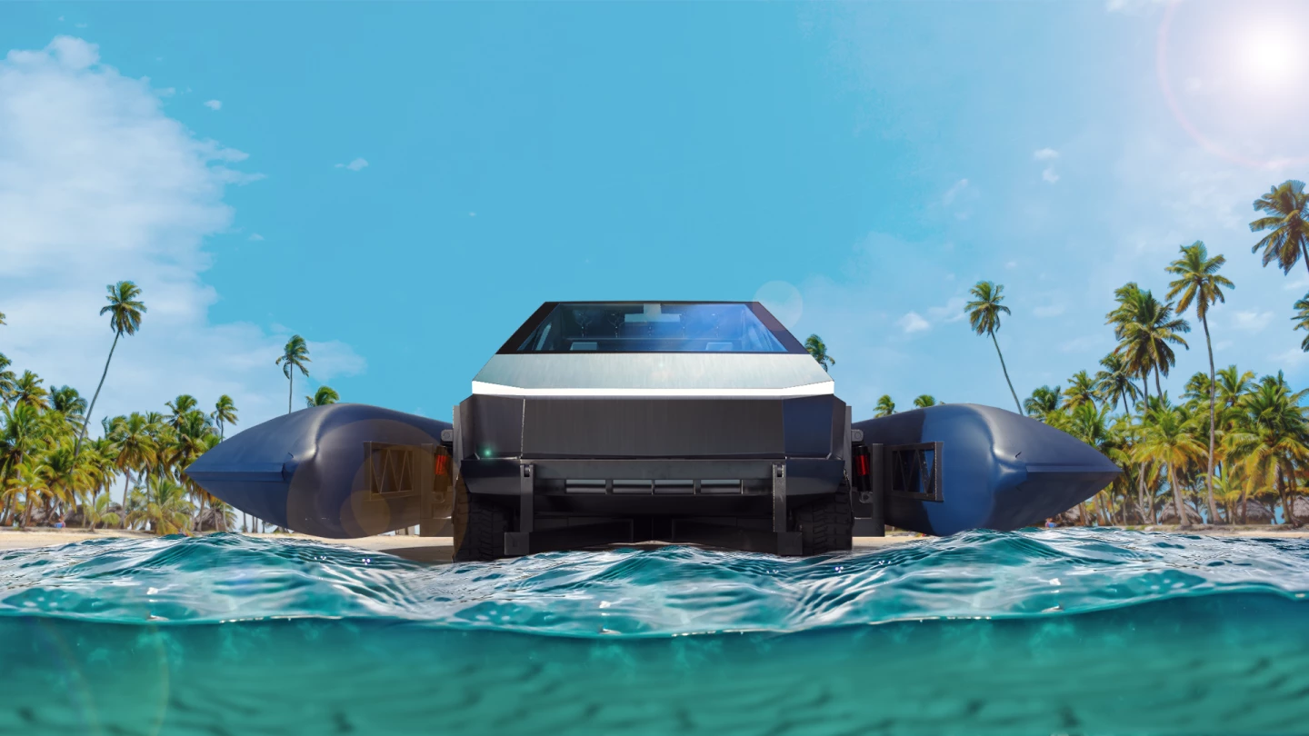 Cybercat's plan is for the Cybertruck to drive itself into the water, until the tires lose contact with the sea floor, at which point, the pontoons will drop and outboards take over