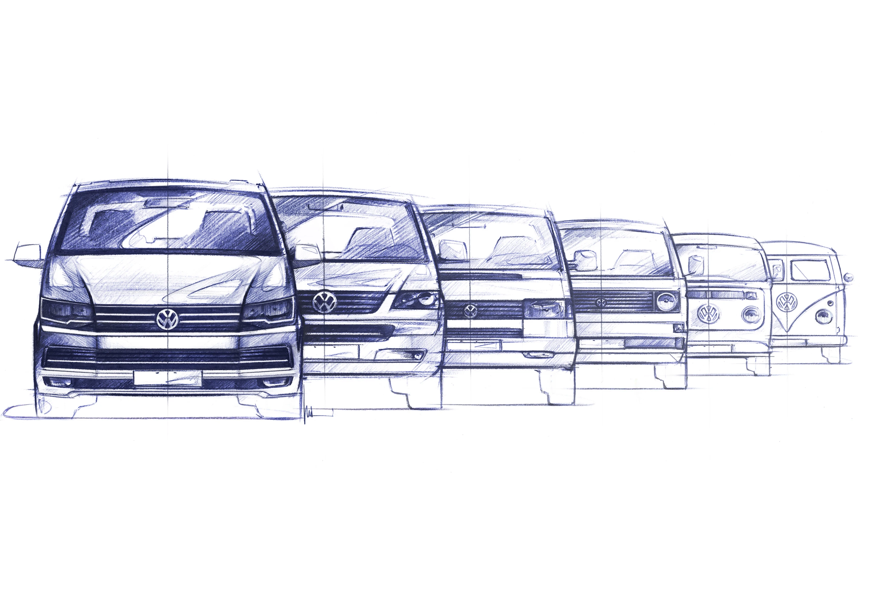 A sketch showing six generations of Transporter design