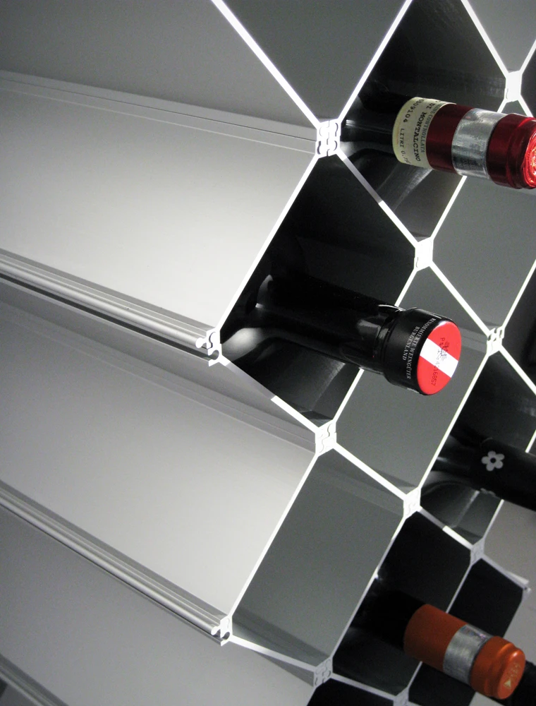 A close up of how the bottles sit in the Nucleus wine rack