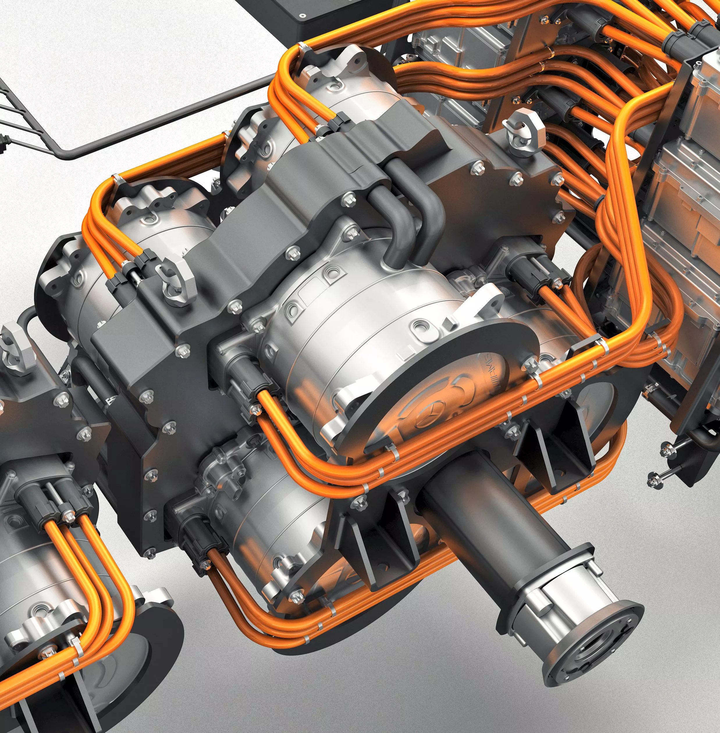 The boat's drive is organized around a pair of prop shafts, so AMGCR tied the motors into two clusters of six motors each