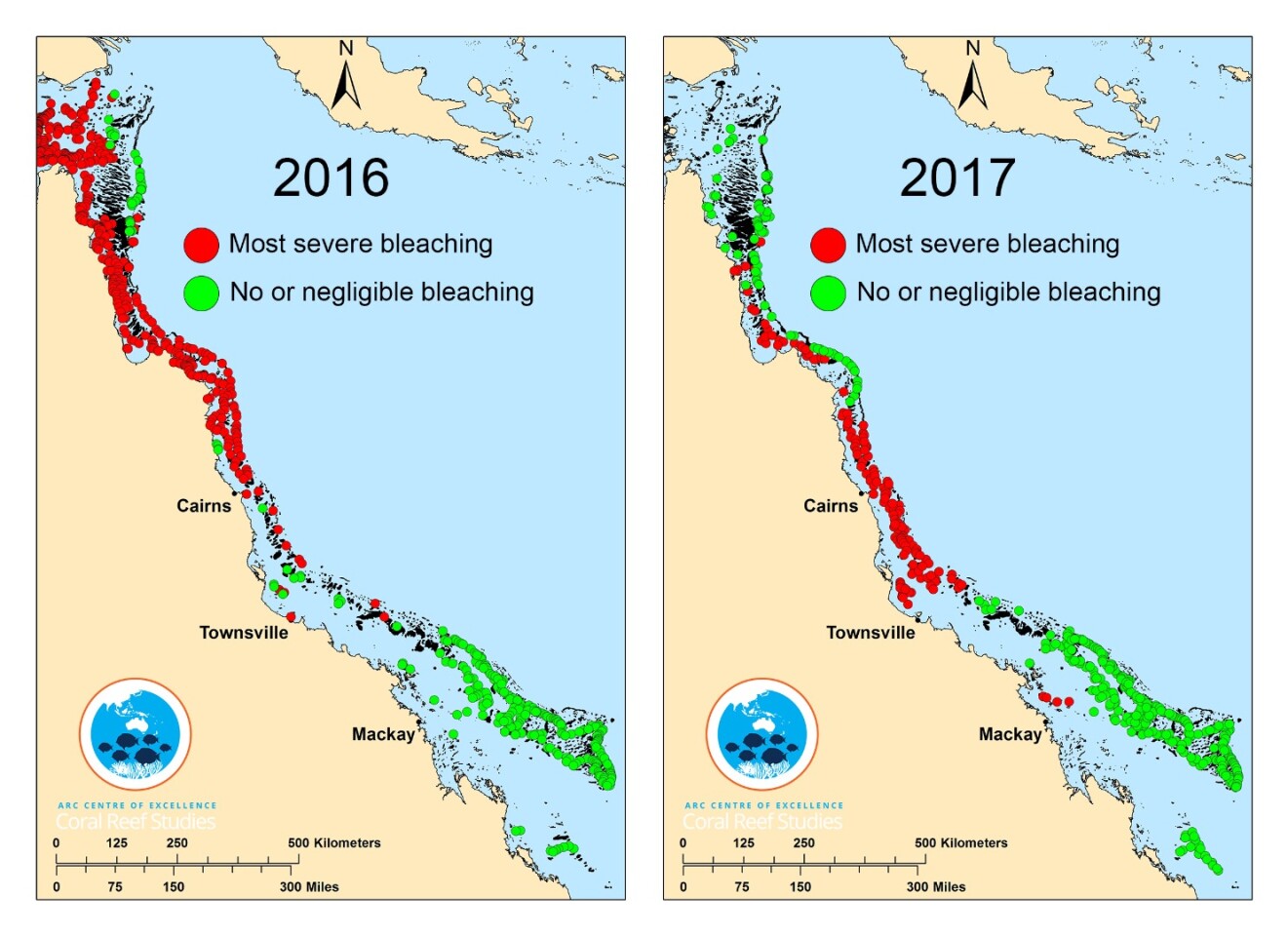 This illustration highlights the southward creep of the bleaching from last year to current