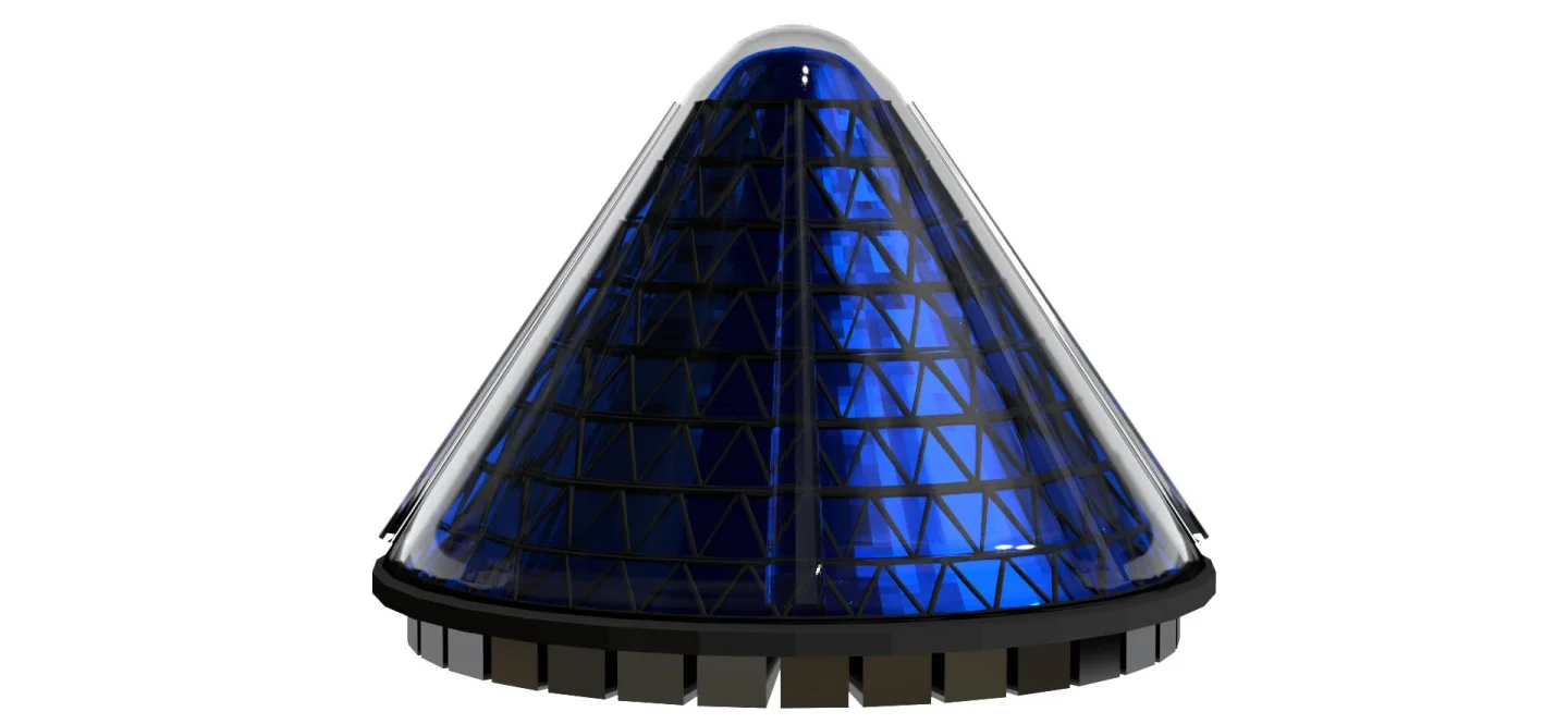 The V3 Spin Cell actually features two cones, one made up of hundreds of triangular PV cells and a static hermetically-sealed outer lens concentrator comprising a series of interlocking rings and a number of tubular lenses spaced equally around the outside surface