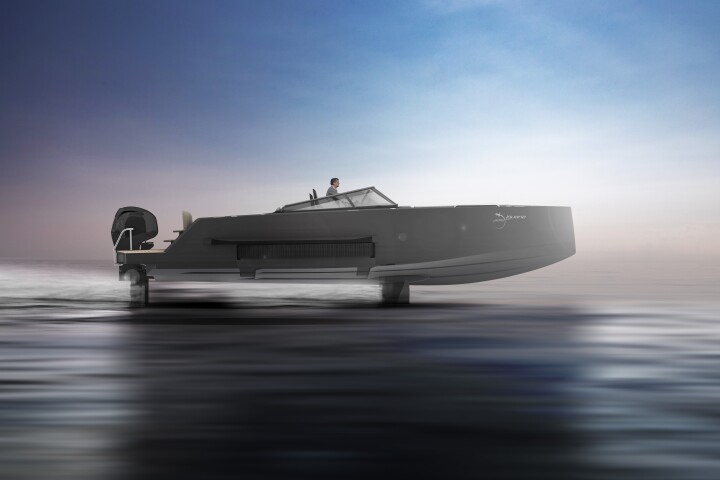 The Iguana Foiler can serve as a semi-planing electric boat, fly above the waves courtesy of folding hydrofoils and roll up the beach on retractable caterpillar tracks