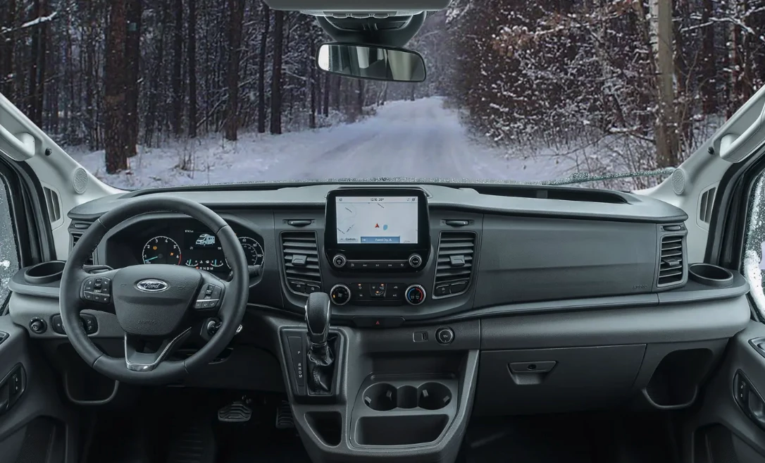 Along with AWD, the base Ford Transit comes well-equipped with driver-assistance like lane-keeping assist and pre-collision alert with auto-braking, an 8-in Sync 3 infotainment system, and rain-sensing wipers