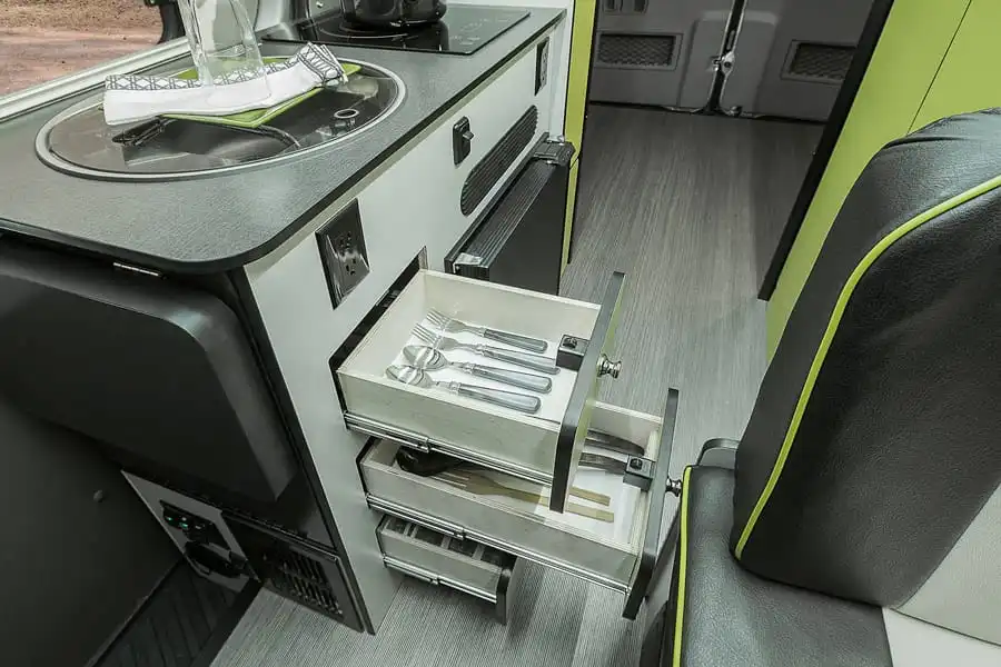 Inside the Winnebago Revel's galley