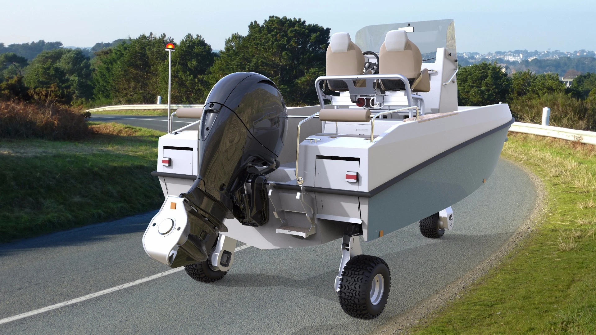 The Tringa has an outboard motor and a separate ground propulsion system