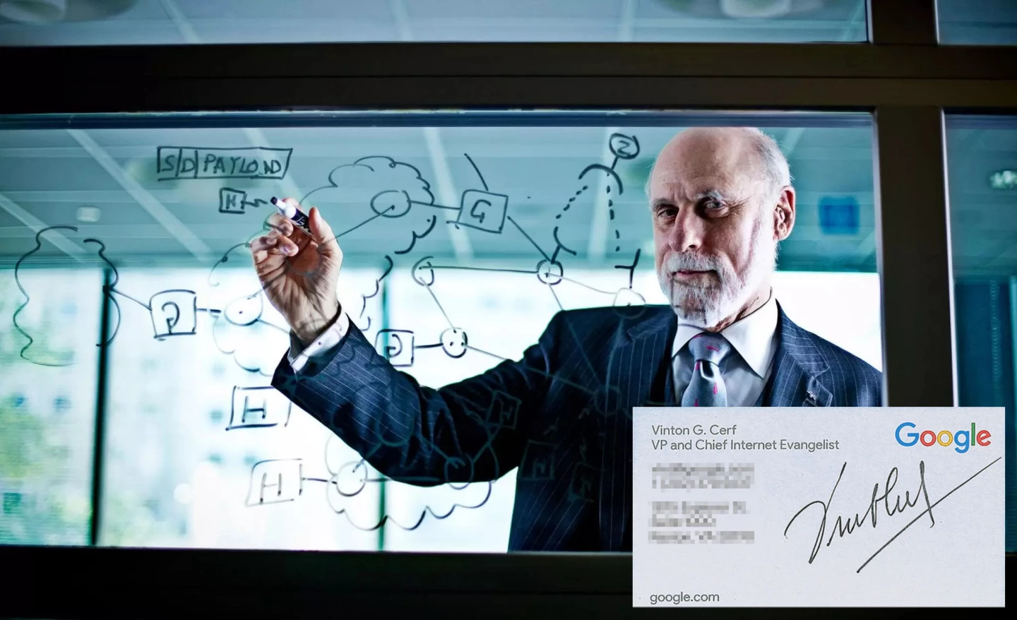 Vinton Cerf (born June 23, 1943) is one of "the fathers of the Internet," sharing this title with TCP/IP co-developer Robert Kahn. Recognition for his ongoing contributions to the greater good already include the National Medal of Technology, the Turing Award, the Presidential Medal of Freedom and the Marconi Prize! A treasure trove of 42 Vinton Cerf Vint autographs, sketches, signed photos, and business cards sold for $1,880 at RRAuction in January 2025.