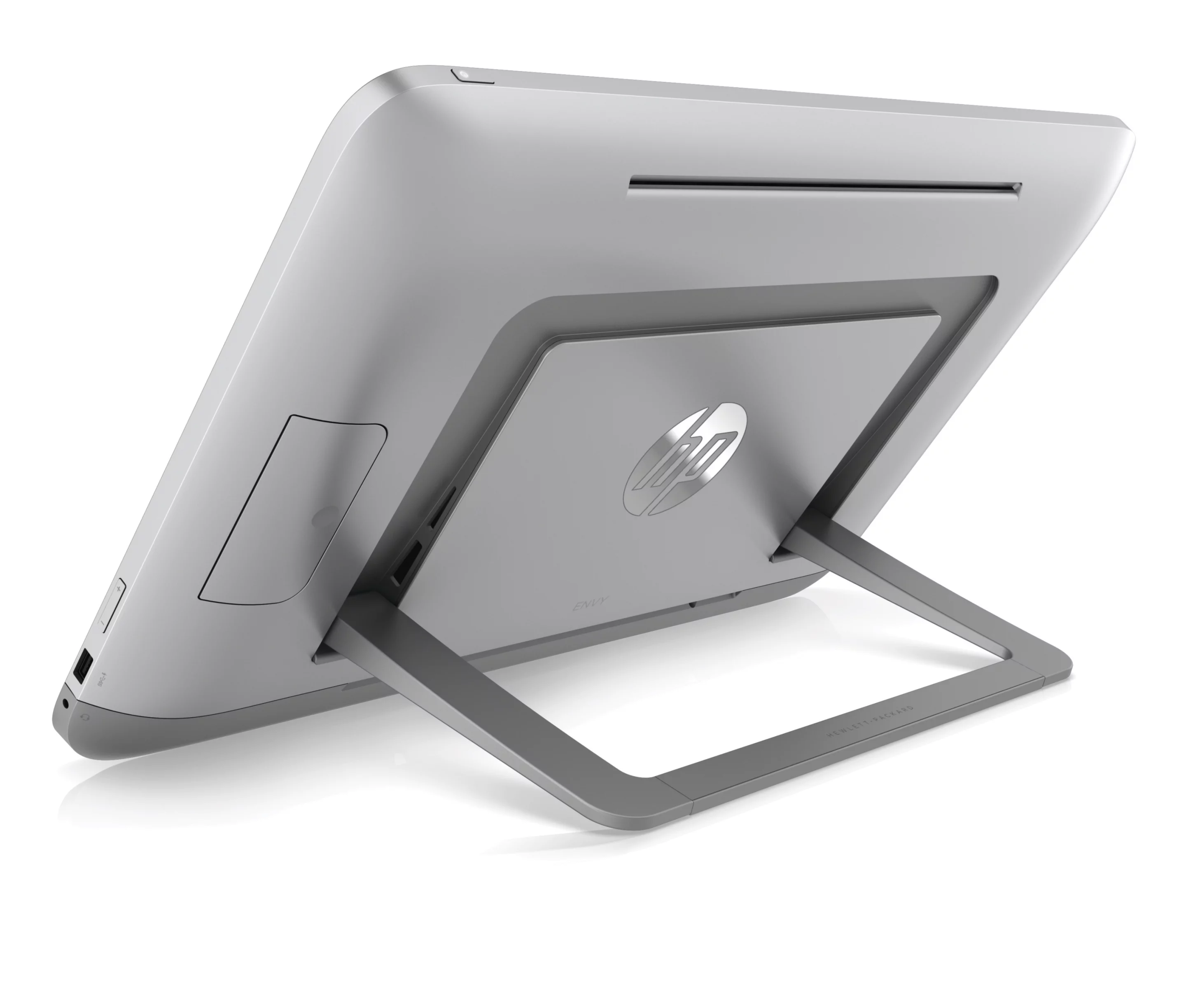 The kickstand flips out at the press of the large hinge lock for desktop use, or can lie flush within the body and placed on the tabletop