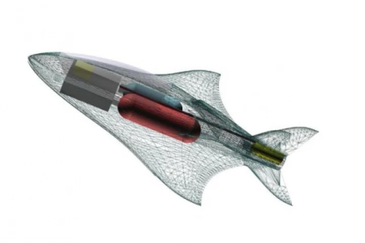 Wire frame diagram showing the location of fuel cell, impeller drive and oxygen tank.