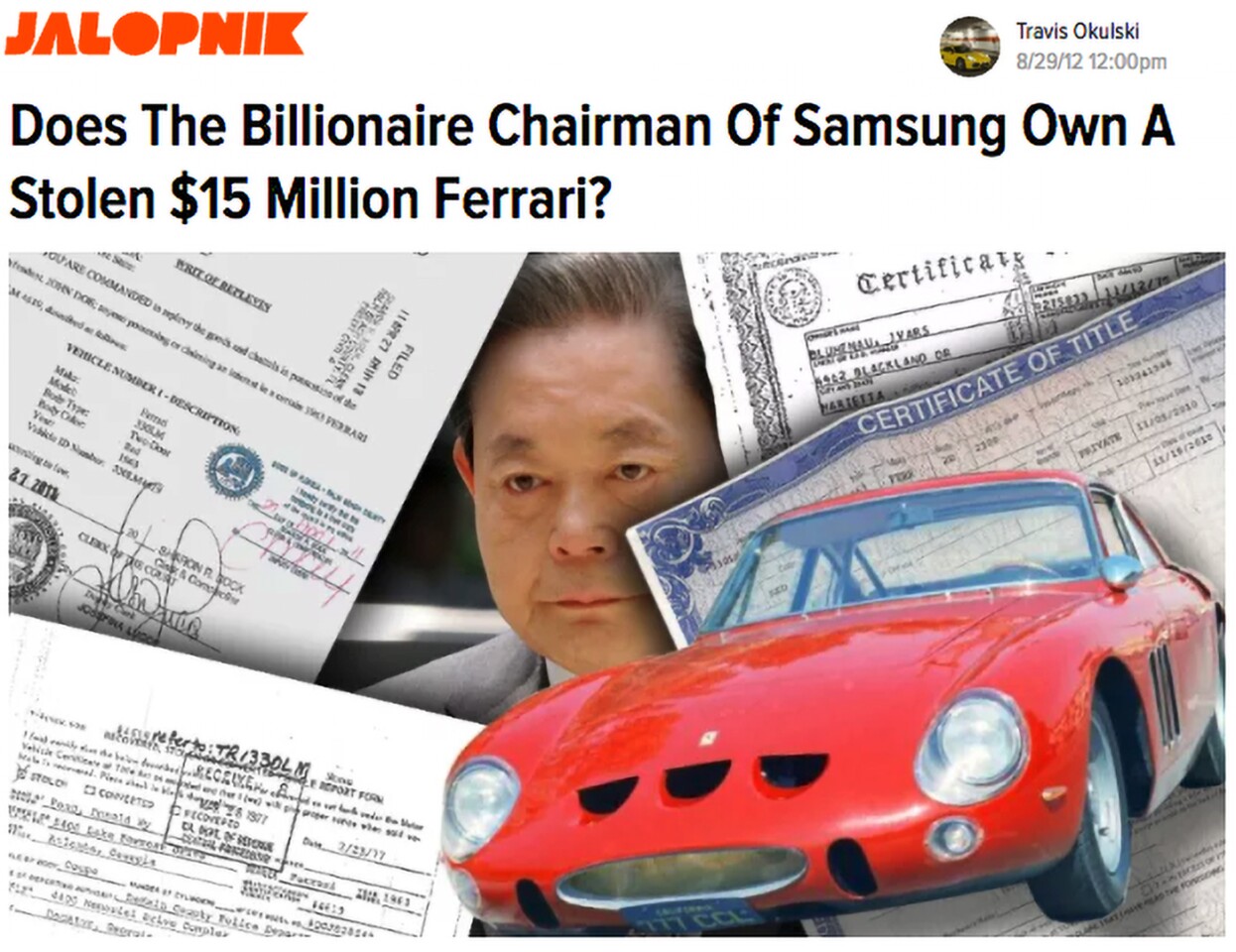 Kun-hee Lee is the Chairman of Samsung Electronics, and highly revered for his business acumen and success, regarded by many as perhaps the best known figure in South Korea. With a net worth estimated at $17.4 billion, he's also a tragic car enthusiast, owned a Ferrari 250 GTO (#5095GT) previously and is believed to be the current custodian of this car (Ferrari 330 LMB #4619SA).