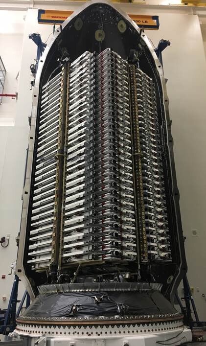 60 Starlink satellites stacked inside the SpaceX Falcon 9 rocket's fairing segment prior to the May 2019 launch