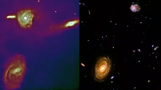 Left shows galaxies from AREPO simulation, right shows actual galaxies from BHubble image (Image: Harvard-Smithsonian Center for Astrophysics and NASA)