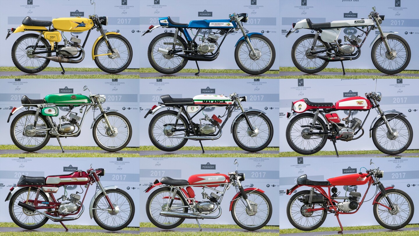 A special exhibition at Villa d'Este this year was dedicated to Italian motorcycles powered by 50cc engines. It is no accident that the world motorcycle racing championships had a 50cc class during the 1960s and 1970s due to the popularity of the class with teenagers across Europe but in Italy and Spain in particular.