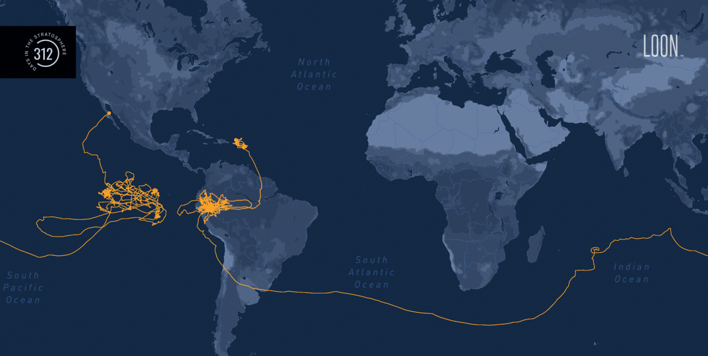 The 312-day flight path of the record-setting Loon balloon