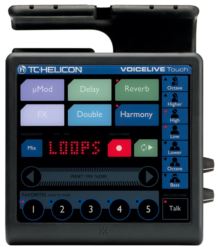 VoiceLive Touch includes an integrated microphone mount which allows the unit to slide onto the stand and lock in position in seconds