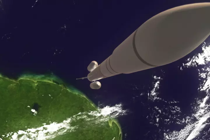 Artist's concept of AirBus's Ariane 6 launch vehicle, with the Adeline system at the base of the rocket