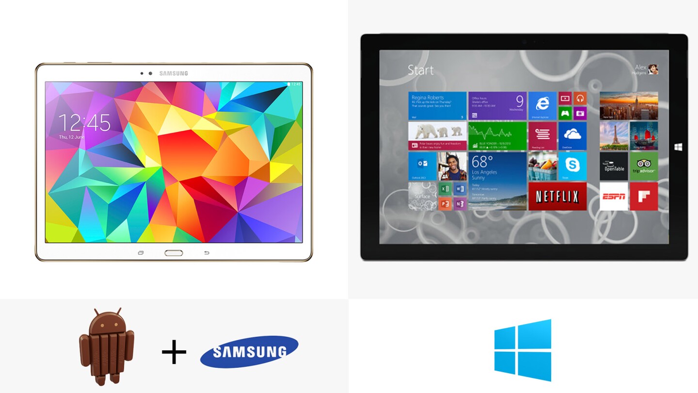 It's Android 4.4 KitKat (with Samsung's TouchWiz UI) vs. Windows 8.1 Pro