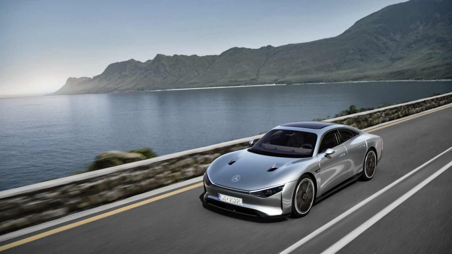 The Vision EQXX's thin roof-integrated solar panels add to its efficient, long-range capabilities