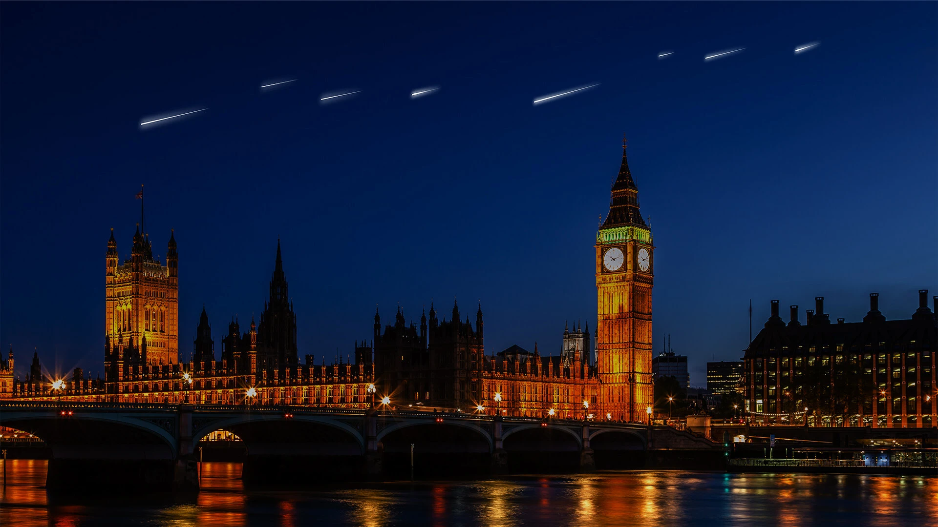 A render of a Sky Canvas artificial meteor shower over London – although we have to wonder if they would really be this bright over a city