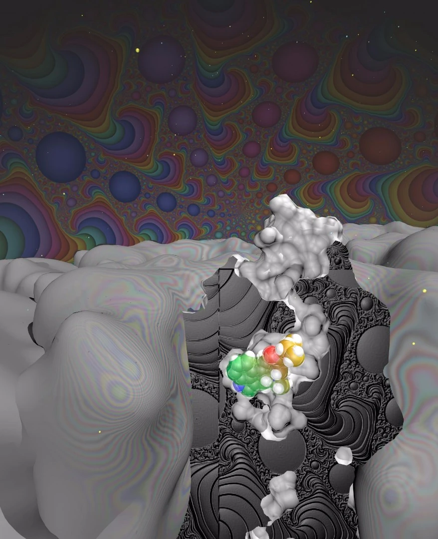 Artist's impression of LSD (highlighted in rainbow) bound and trapped in the serotonin receptor (gray)