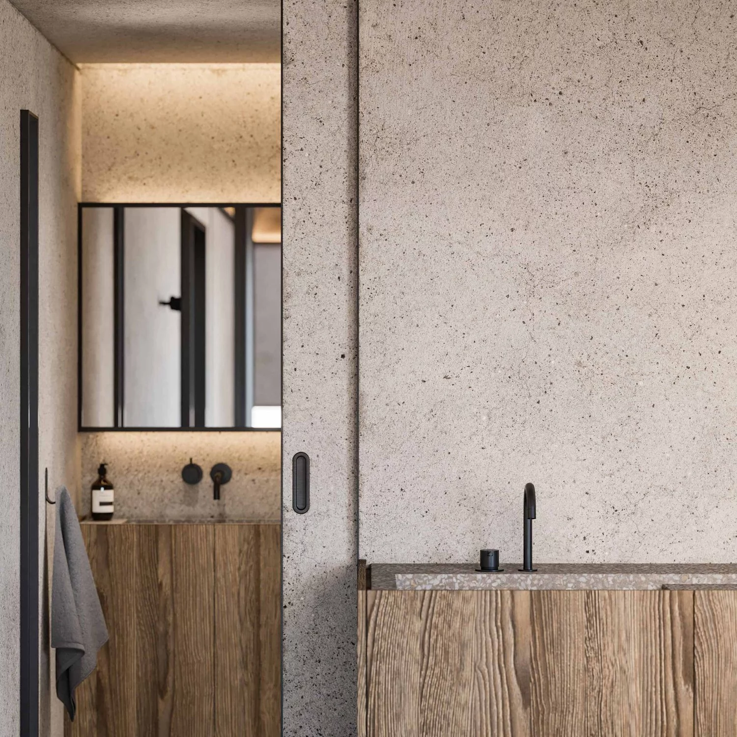 The kitchen sliding door leads through to a modern bathroom