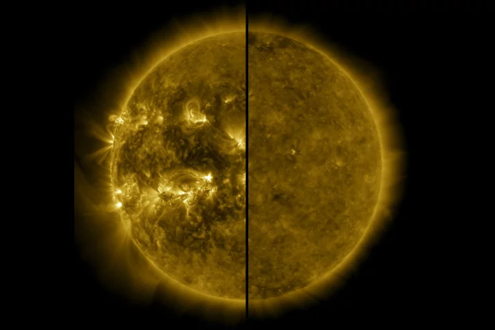 The Sun during its last solar maximum (left) in April 2014, compared to its last solar minimum (right) in December 2019