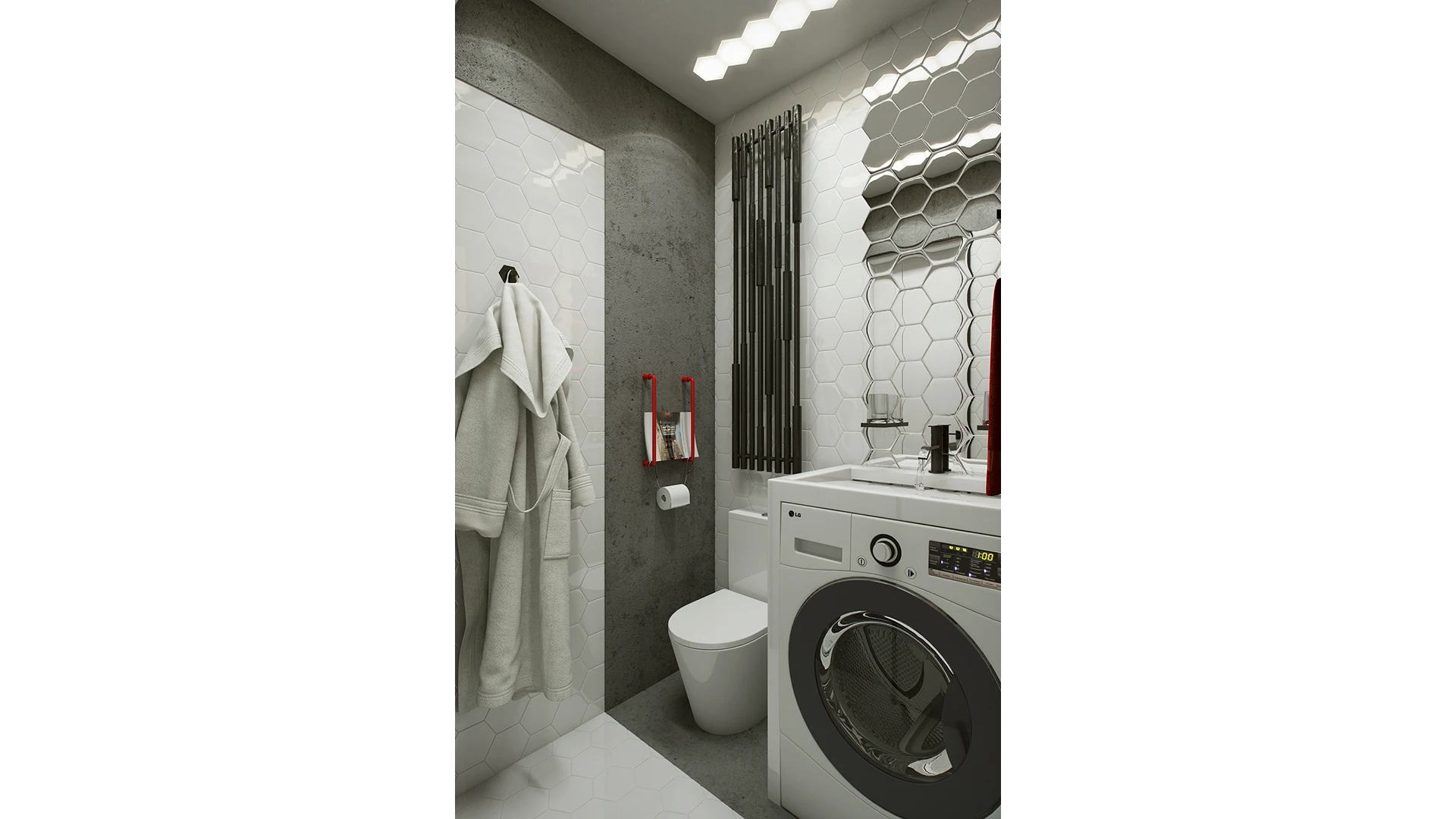 A compact bathroom comes fully equipped with all amenities and a washing machine