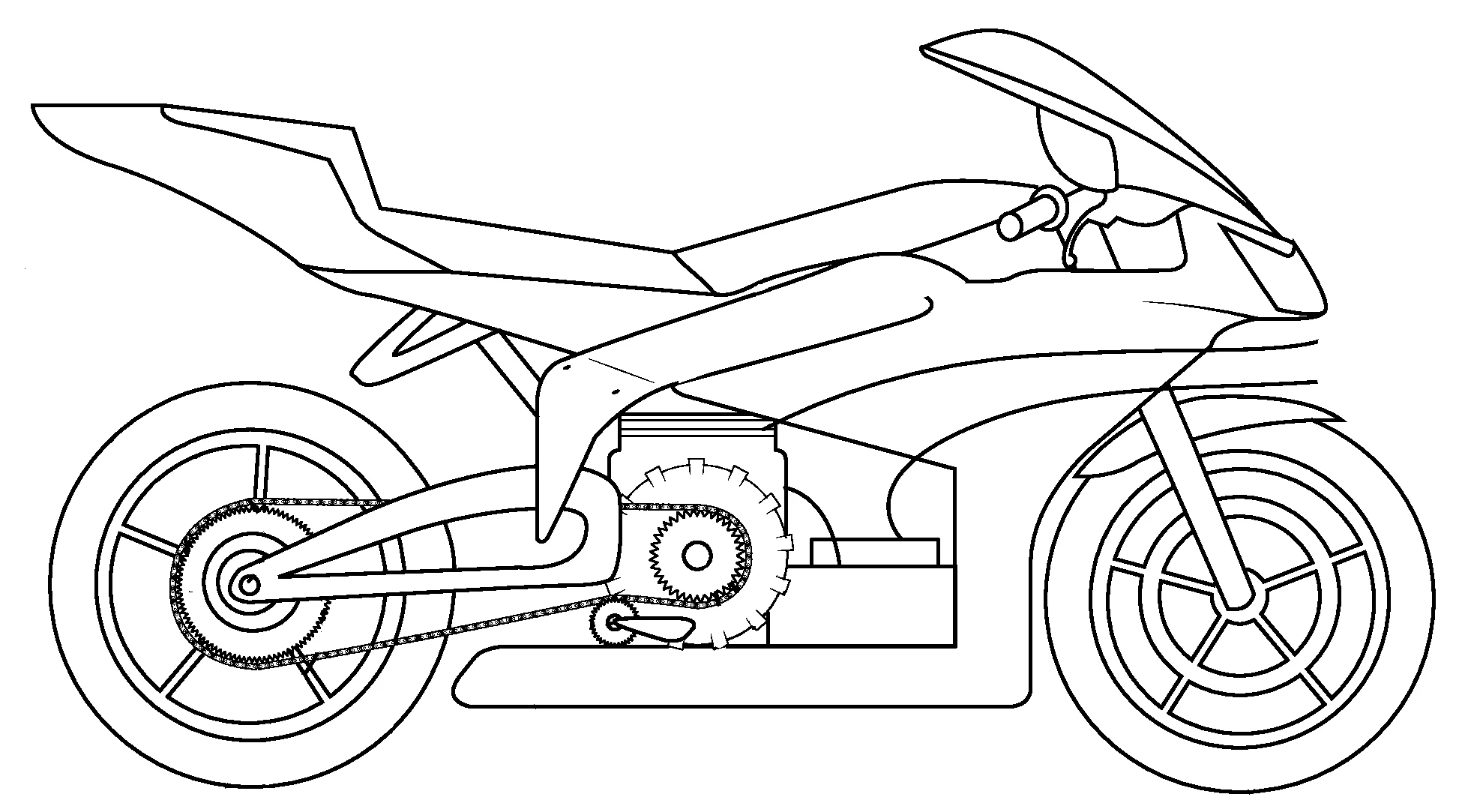 A patent drawing of EBR's coming parallel-hybrid superbike - an internal combustion engine driving a generator which produces electricity for the electric drive motor