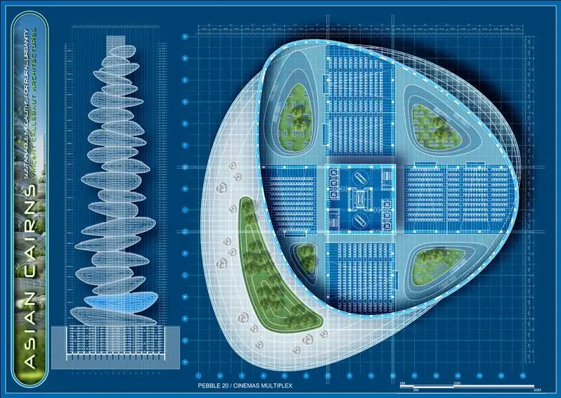 For energy, the designs feature plenty of photovoltaic and photo thermal solar cells, along with axial wind turbines spread along the top of each section