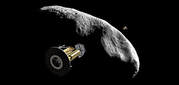 An Arkyd-200 series interceptor passing a candidate asteroid for mining