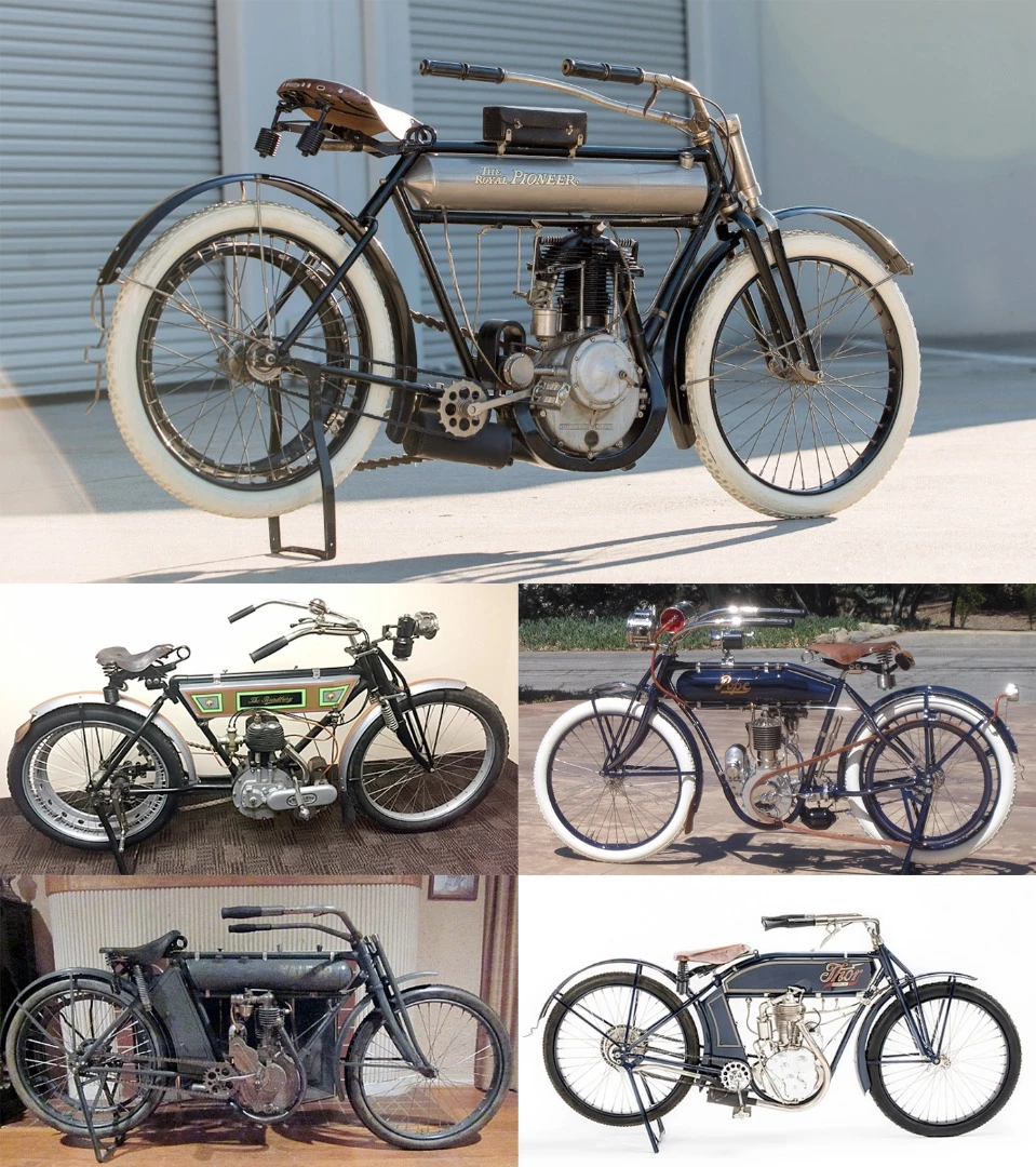 On the singles front, there are some rare and delightful American made singles from a century ago. From top clockwise, a 1910 Royal Pioneer, a 1912 Pope Model H, a 1913 Thor, a Yale 24M, and a 1908 Bradbury Peerless.