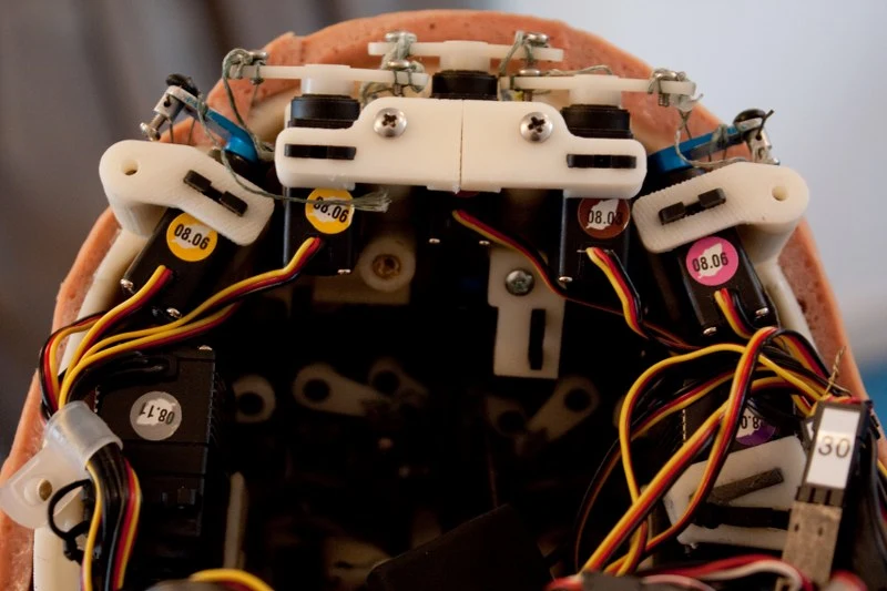 Thirty-two servo motors are integrated in the android skull and neck