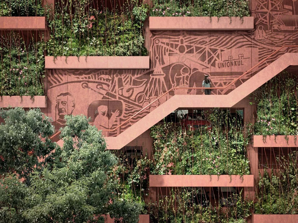 The facade also sports red-brick concrete with a frieze depicting the history of the local area (Image: JAJA Architects)
