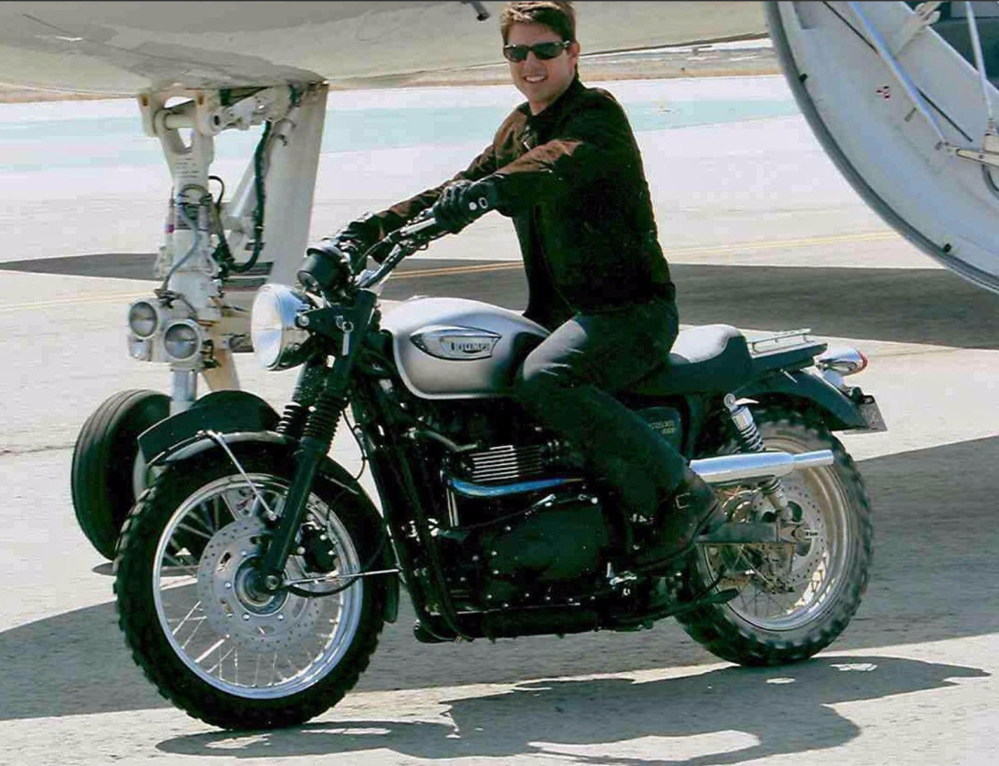 Modified in ‘street scrambler’ style, this Triumph Bonneville is one of five built by the Triumph factory in Hinckley, England specifically for the filming of Mission Impossible III, starring Tom Cruise, and is one of two used in the actual production. The 865cc bike began as a stock Triumph Bonneville and was modified with a custom paint scheme, stylised fenders and seat unit, a hand-made exhaust system and trials universal tires and predates Triumph's own production street scrambler design by several years. The machine sold for US$29,250 at a Bonhams auction in 2006 along with a letter from Todd K Andersen, Vice President, Marketing, Triumph Motorcycles (America) Ltd authenticating its origins and history.