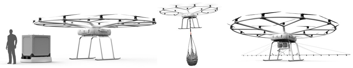 The Volodrone can be equipped with a variety of carrying mechanisms