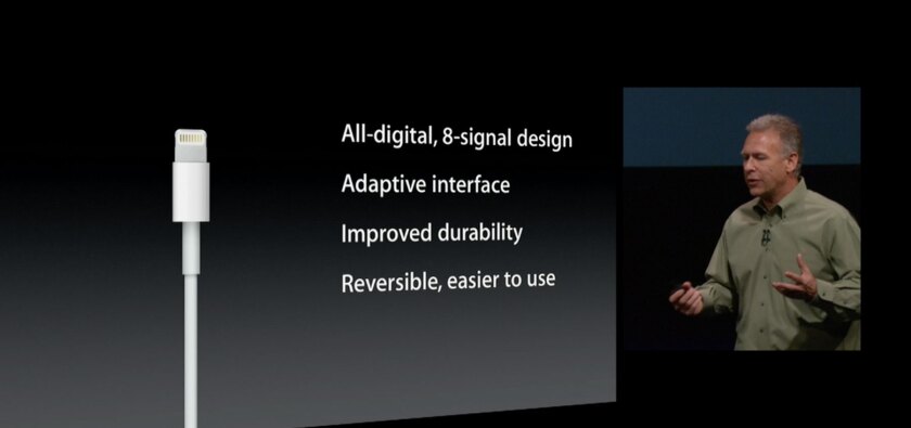 Apple VP of worldwide marketing Phil Schiller introduces the Lightning connector at the iPhone 5 launch event in September 2012