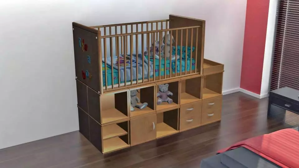 ModCubes can be reconfigured to form different pieces of furniture, such as this crib/cupboard unit