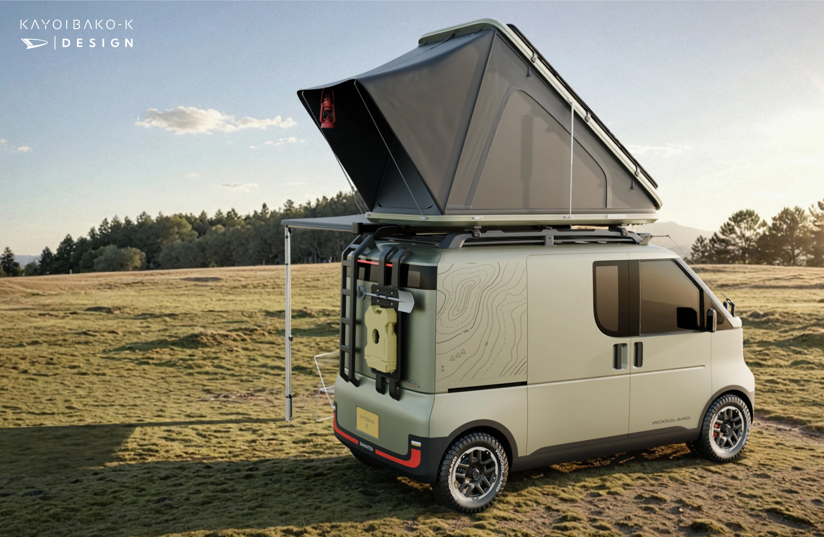 The Kayoibako-K micro-camper is something of a slightly ruggedized overlander, complete with all-terrain tires, an integrated rear access ladder for the rooftop tent, and a tailgate rack for quick access to fuel, shovel and (maybe, in theory) traction boards