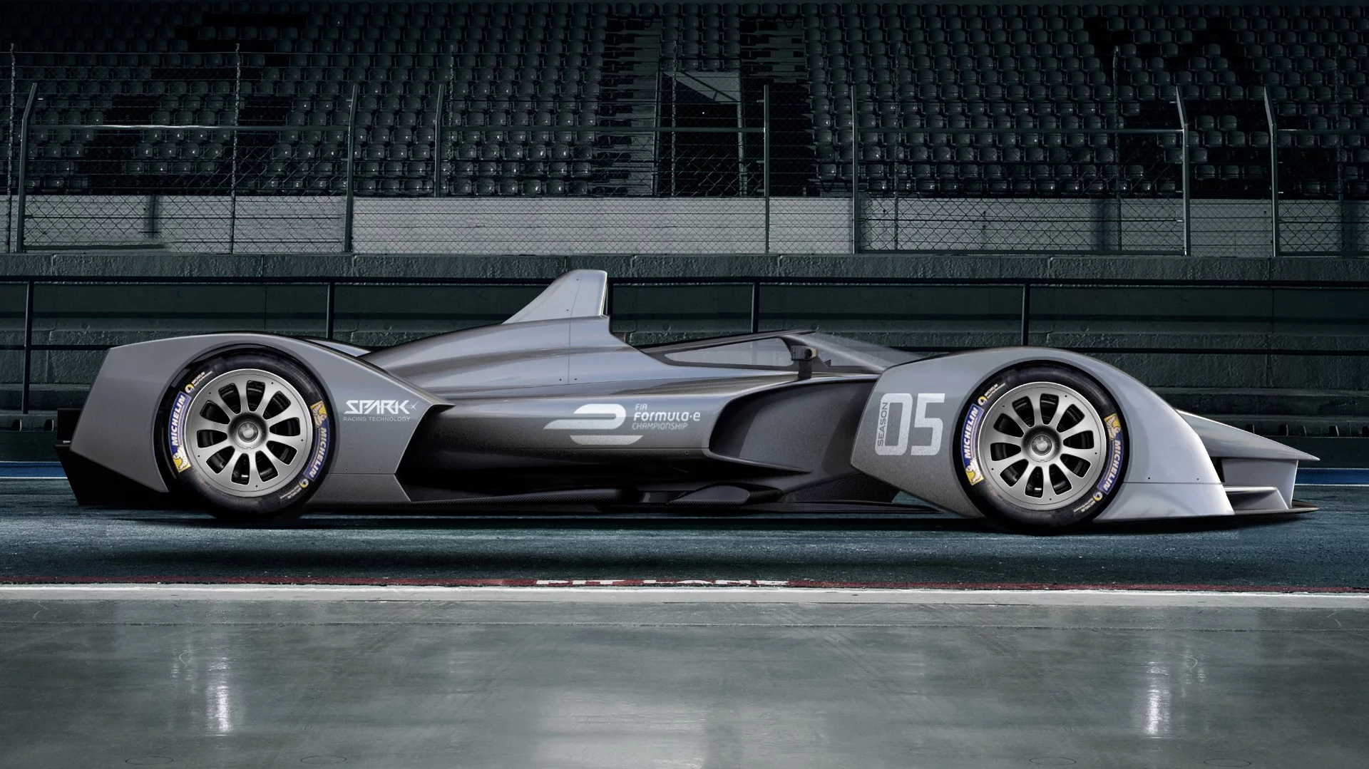 Spark's 2018 Formula E electric race car chassis: aerodynamic side profile