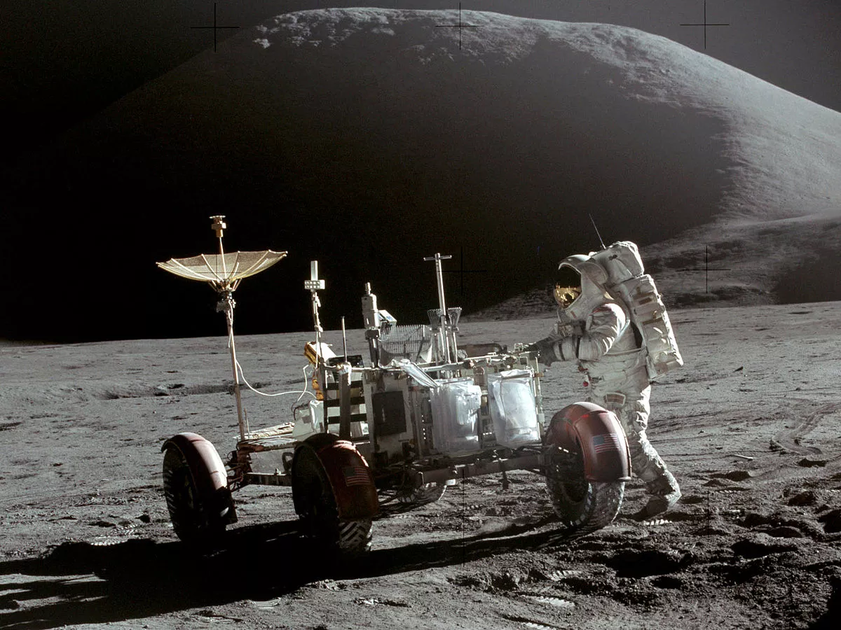 Apollo 15 Lunar Module Pilot Jim Irwin with the lunar rover