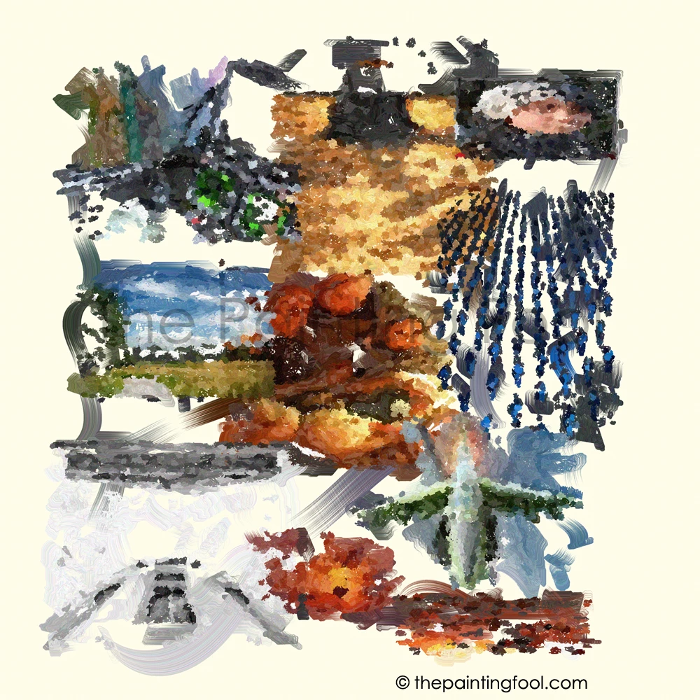 This painting comes from a collage The Painting Fool made with Flickr images that it found after reading a Guardian article on the war in Afghanistan and extracting keywords