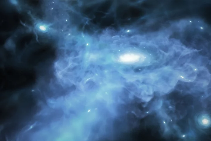 An illustration of early galaxies forming