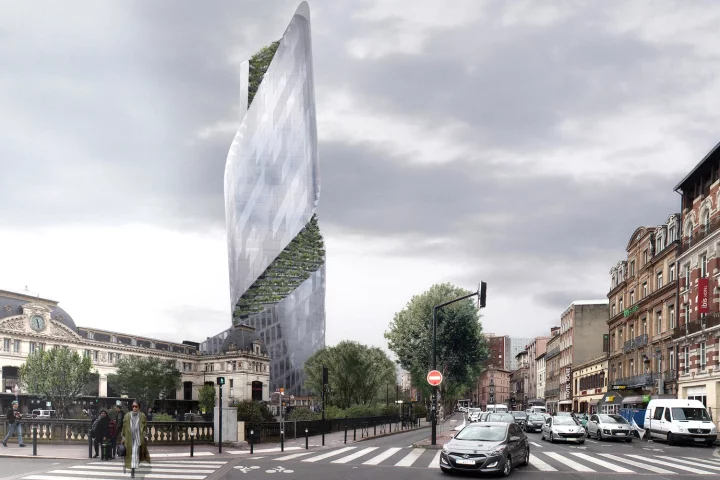The Occitanie Tower will feature a glazed facade that's broken up by a twisting ribbon of greenery