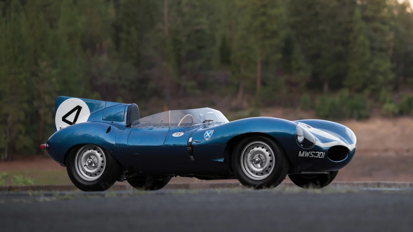 This 1955 Jaguar D-Type was the first D-Type provided by the Jaguar factory to a private racing team - Ecurie Ecosse. The car won the 1956 Le Mans 24 Hour Race, and when it sold for $21,780,000 at Monterey in 2014, it became the most expensive British car ever sold at auction. Official RM-Sotheby's Auction Page