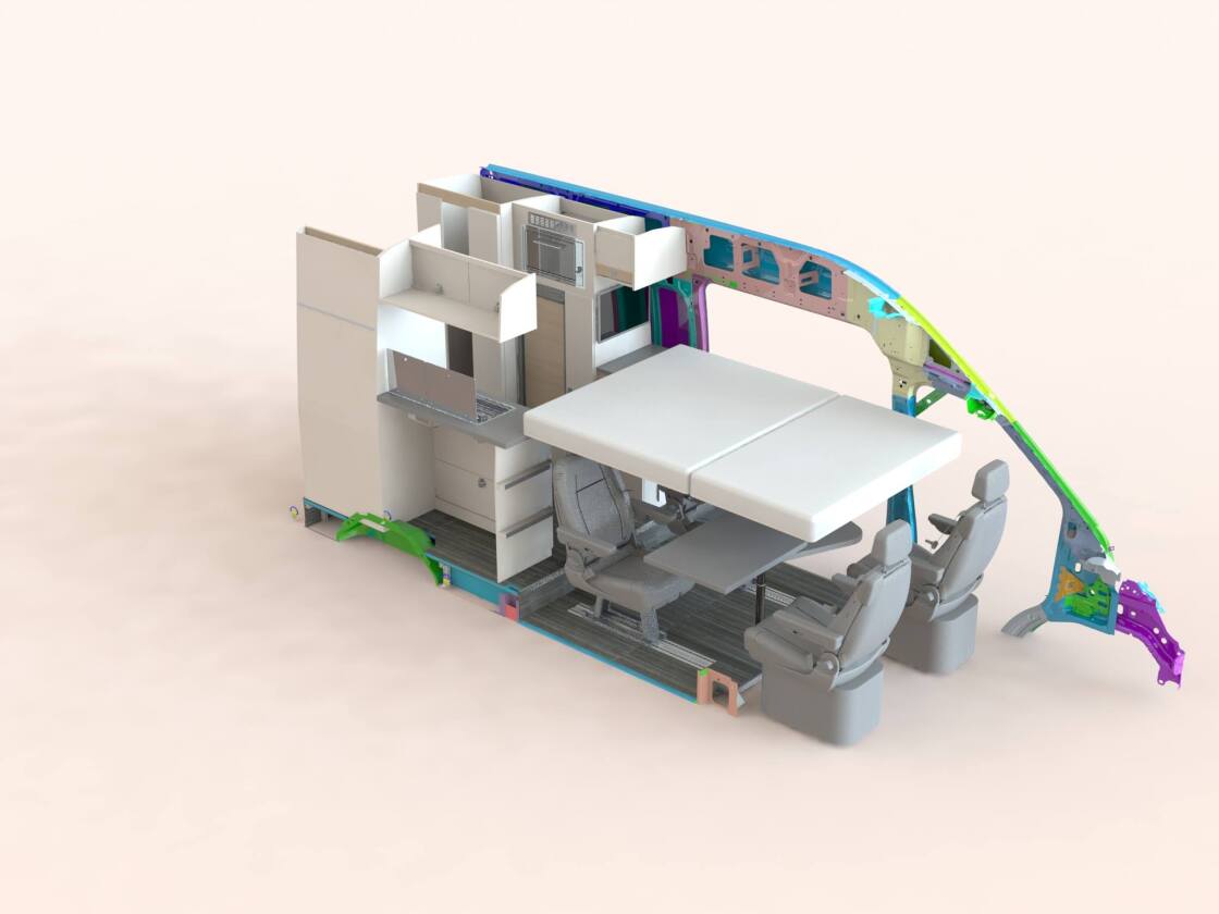 This Wellhouse Ford Transit Giant floor plan rendering shows how the bed drops down and sets up over top the lounge
