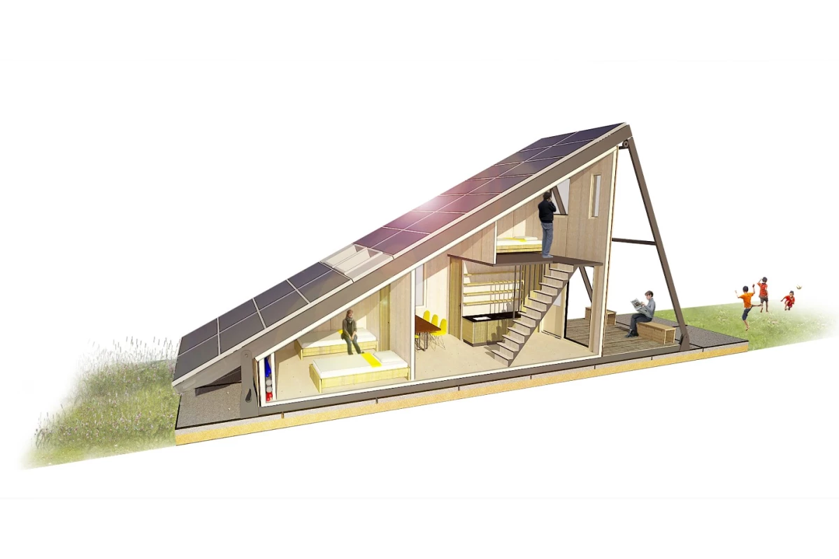The shape of the structure is like that of a lean-to, with one large sloping face covered in solar panels