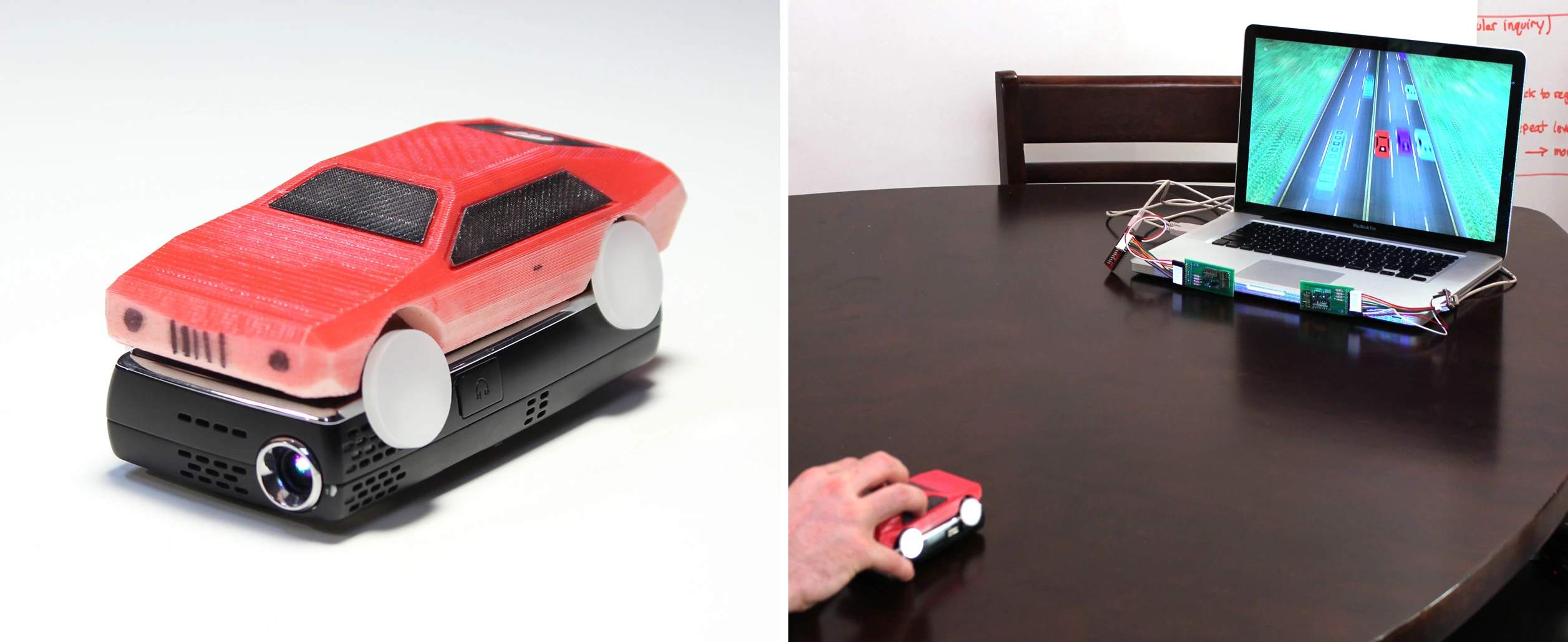 A projector-equipped car is used to steer a virtual car on the screen
